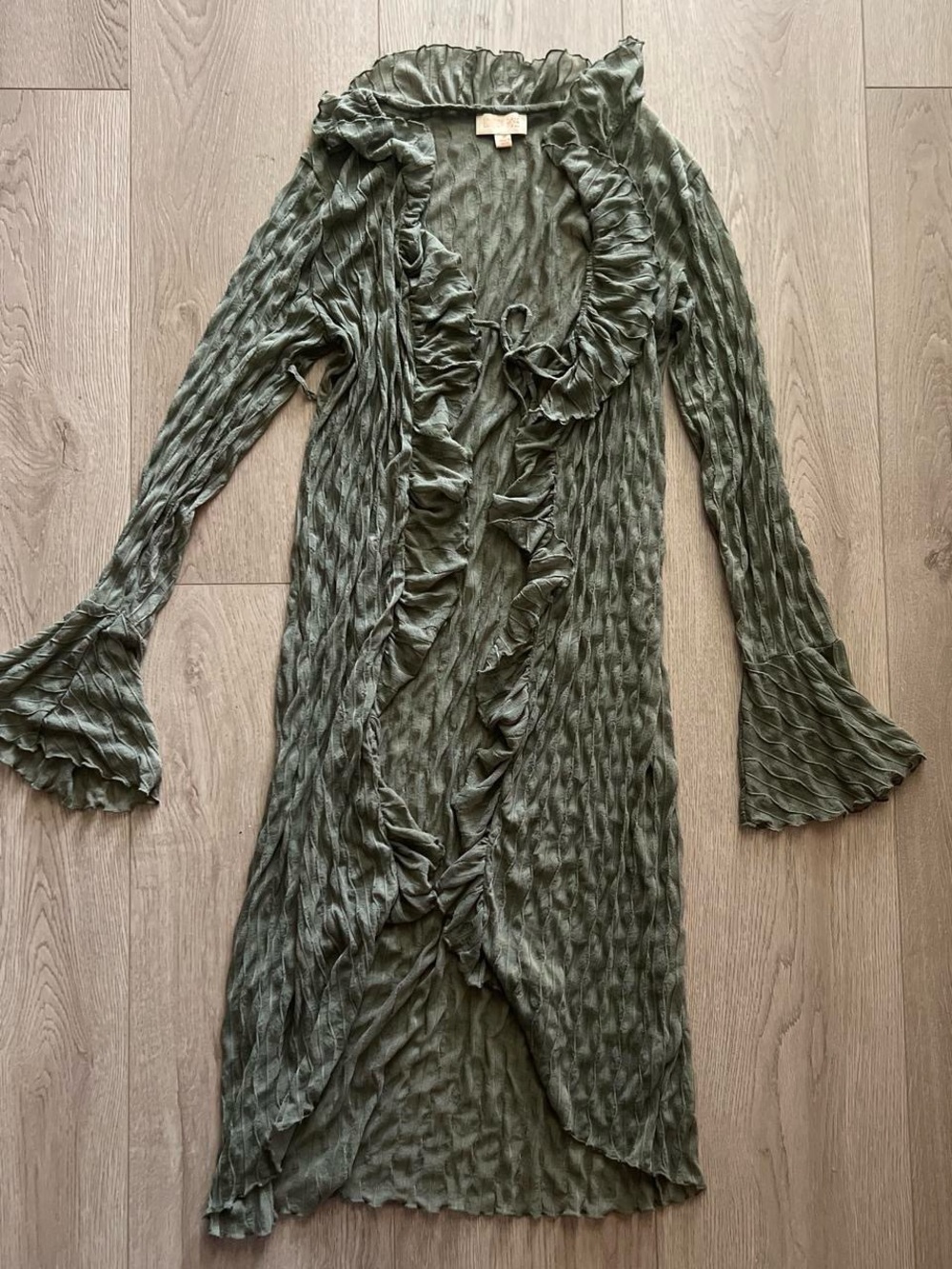 Ruffled Open Front Long Cardigan Dress - Olive Green